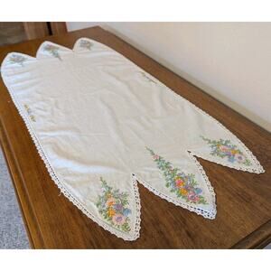 Vintage Hand Embroidered Table Dresser Runner Lace Edge Flowers 39" x 16"